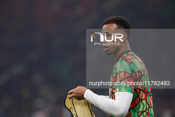 Gabriel of Arsenal warms up before the UEFA Champions League 2024/25 League Phase MD4 match between FC Internazionale Milano and Arsenal FC...