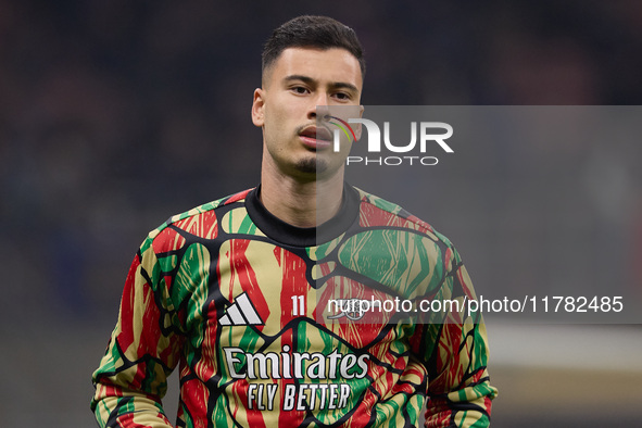 Gabriel Martinelli of Arsenal warms up before the UEFA Champions League 2024/25 League Phase MD4 match between FC Internazionale Milano and...