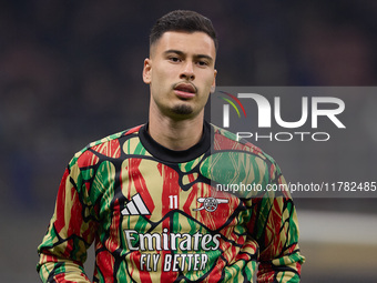 Gabriel Martinelli of Arsenal warms up before the UEFA Champions League 2024/25 League Phase MD4 match between FC Internazionale Milano and...