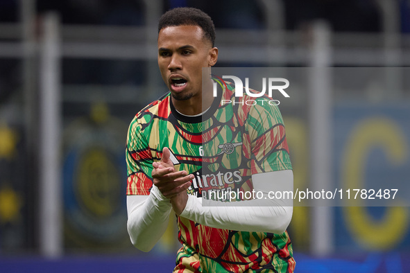 Gabriel of Arsenal warms up before the UEFA Champions League 2024/25 League Phase MD4 match between FC Internazionale Milano and Arsenal FC...