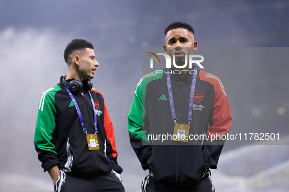 Gabriel Martinelli and Gabriel Jesus of Arsenal look on prior to the UEFA Champions League 2024/25 League Phase MD4 match between FC Interna...