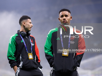 Gabriel Martinelli and Gabriel Jesus of Arsenal look on prior to the UEFA Champions League 2024/25 League Phase MD4 match between FC Interna...