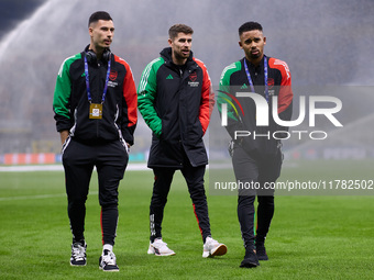 Jorginho, Gabriel Martinelli, and Gabriel Jesus of Arsenal look on prior to the UEFA Champions League 2024/25 League Phase MD4 match between...