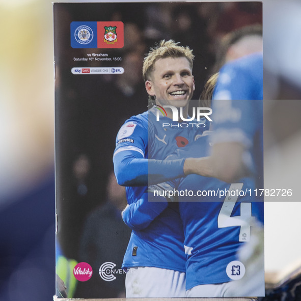 The program of Stockport County and Wrexham during the Sky Bet League 1 match between Stockport County and Wrexham at Edgeley Park Stadium i...