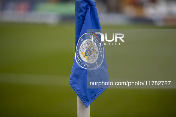 A Stockport County corner flag is present during the Sky Bet League 1 match between Stockport County and Wrexham at Edgeley Park Stadium in...