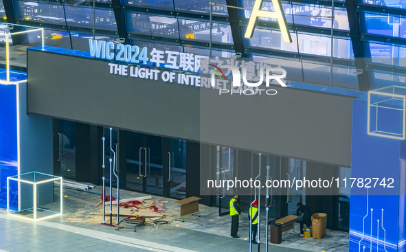 The Internet International Convention and Exhibition Center prepares for the World Internet Conference in Wuzhen, China, on November 16, 202...