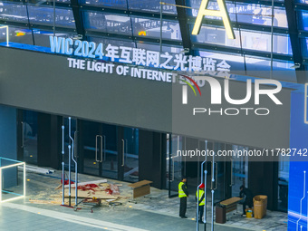 The Internet International Convention and Exhibition Center prepares for the World Internet Conference in Wuzhen, China, on November 16, 202...