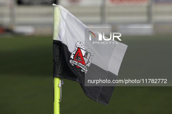 A Darlington FC branded corner flag is present before the Isuzu FA Trophy Second round match between Darlington and Buxton at Blackwell Mead...