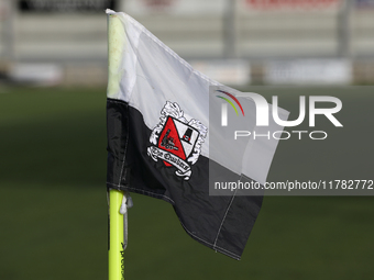 A Darlington FC branded corner flag is present before the Isuzu FA Trophy Second round match between Darlington and Buxton at Blackwell Mead...