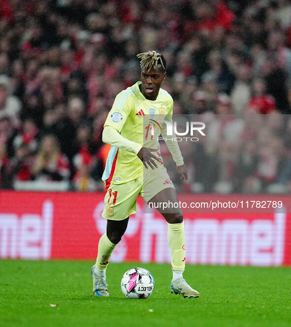 Nico Williams of Spain  controls the ball during the Nations League Round 5 match between Denmark against Spain at Parken, Copenhagen, Denma...