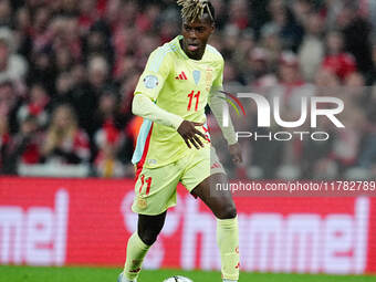 Nico Williams of Spain  controls the ball during the Nations League Round 5 match between Denmark against Spain at Parken, Copenhagen, Denma...