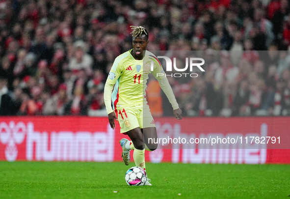 Nico Williams of Spain  controls the ball during the Nations League Round 5 match between Denmark against Spain at Parken, Copenhagen, Denma...