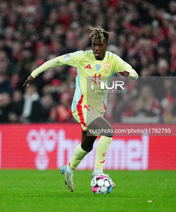 Nico Williams of Spain  controls the ball during the Nations League Round 5 match between Denmark against Spain at Parken, Copenhagen, Denma...