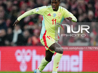 Nico Williams of Spain  controls the ball during the Nations League Round 5 match between Denmark against Spain at Parken, Copenhagen, Denma...