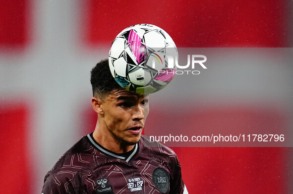 Alexander Bah of Denmark  heads during the Nations League Round 5 match between Denmark against Spain at Parken, Copenhagen, Denmark on Nove...