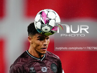 Alexander Bah of Denmark  heads during the Nations League Round 5 match between Denmark against Spain at Parken, Copenhagen, Denmark on Nove...