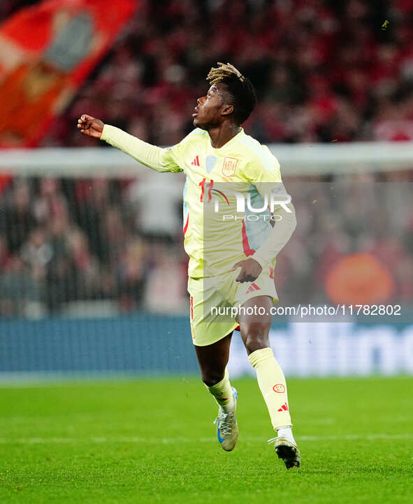 Nico Williams of Spain  looks on during the Nations League Round 5 match between Denmark against Spain at Parken, Copenhagen, Denmark on Nov...