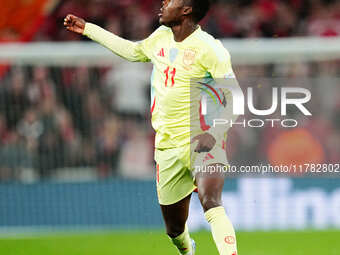 Nico Williams of Spain  looks on during the Nations League Round 5 match between Denmark against Spain at Parken, Copenhagen, Denmark on Nov...