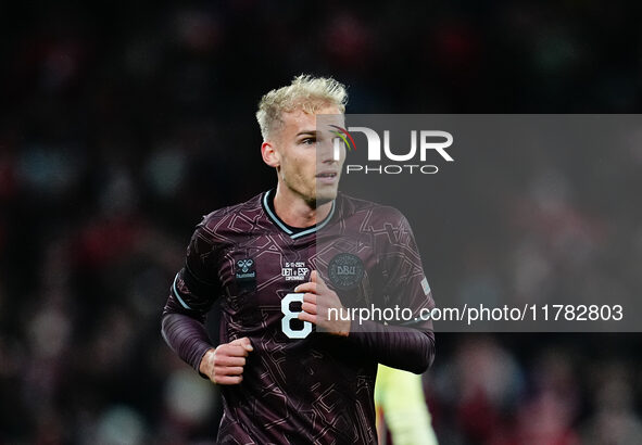 Gustav Isaksen of Denmark  looks on during the Nations League Round 5 match between Denmark against Spain at Parken, Copenhagen, Denmark on...