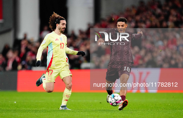 Alexander Bah of Denmark  controls the ball during the Nations League Round 5 match between Denmark against Spain at Parken, Copenhagen, Den...