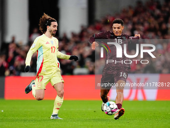 Alexander Bah of Denmark  controls the ball during the Nations League Round 5 match between Denmark against Spain at Parken, Copenhagen, Den...