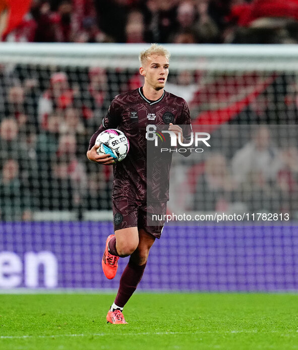 Gustav Isaksen of Denmark  celebrate during the Nations League Round 5 match between Denmark against Spain at Parken, Copenhagen, Denmark on...