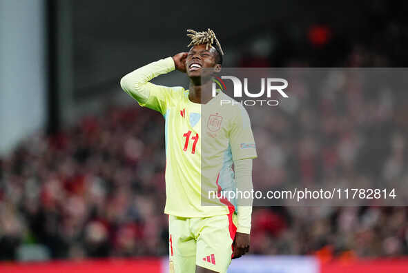 Nico Williams of Spain  looks on during the Nations League Round 5 match between Denmark against Spain at Parken, Copenhagen, Denmark on Nov...