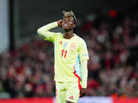 Nico Williams of Spain  looks on during the Nations League Round 5 match between Denmark against Spain at Parken, Copenhagen, Denmark on Nov...