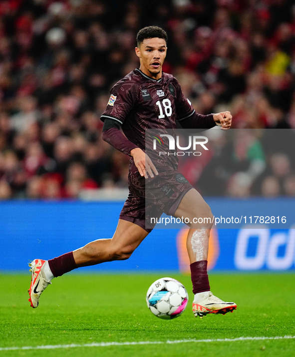 Alexander Bah of Denmark  controls the ball during the Nations League Round 5 match between Denmark against Spain at Parken, Copenhagen, Den...