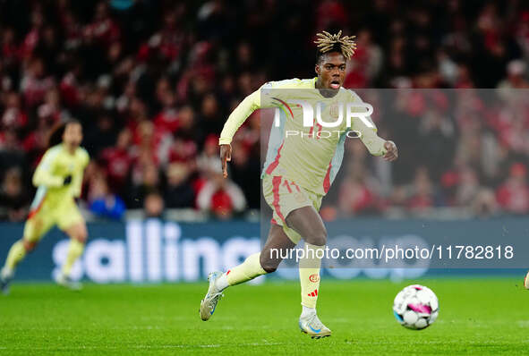 Nico Williams of Spain  controls the ball during the Nations League Round 5 match between Denmark against Spain at Parken, Copenhagen, Denma...