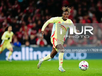 Nico Williams of Spain  controls the ball during the Nations League Round 5 match between Denmark against Spain at Parken, Copenhagen, Denma...