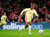 Nico Williams of Spain  controls the ball during the Nations League Round 5 match between Denmark against Spain at Parken, Copenhagen, Denma...