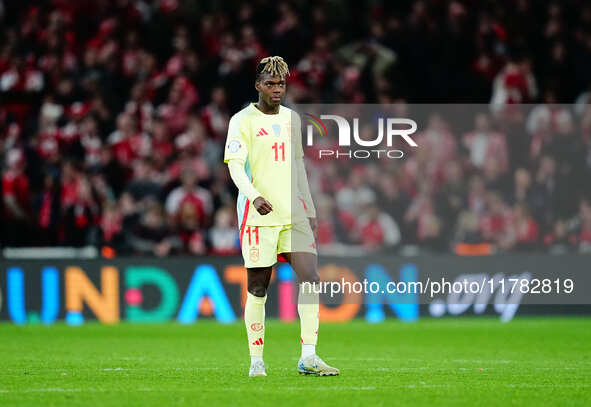 Nico Williams of Spain  looks on during the Nations League Round 5 match between Denmark against Spain at Parken, Copenhagen, Denmark on Nov...