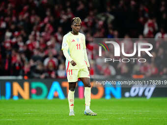 Nico Williams of Spain  looks on during the Nations League Round 5 match between Denmark against Spain at Parken, Copenhagen, Denmark on Nov...