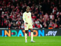 Nico Williams of Spain  looks on during the Nations League Round 5 match between Denmark against Spain at Parken, Copenhagen, Denmark on Nov...