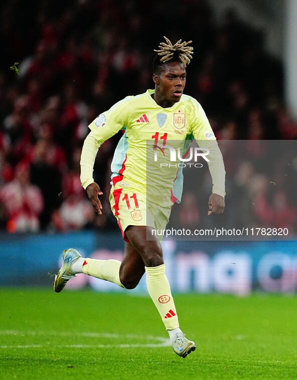 Nico Williams of Spain  looks on during the Nations League Round 5 match between Denmark against Spain at Parken, Copenhagen, Denmark on Nov...