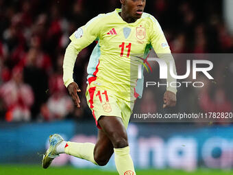 Nico Williams of Spain  looks on during the Nations League Round 5 match between Denmark against Spain at Parken, Copenhagen, Denmark on Nov...