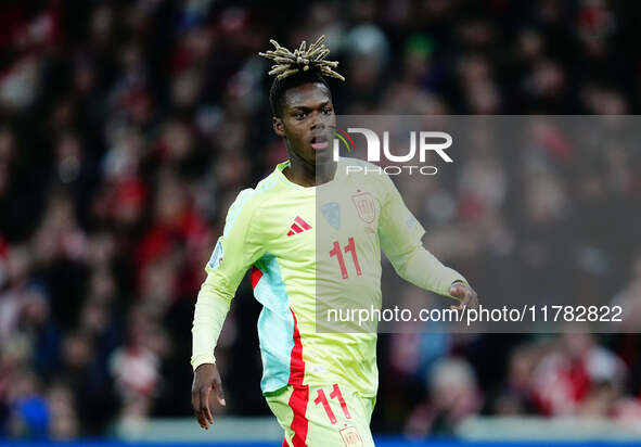 Nico Williams of Spain  looks on during the Nations League Round 5 match between Denmark against Spain at Parken, Copenhagen, Denmark on Nov...