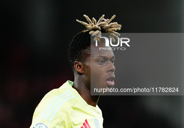 Nico Williams of Spain  looks on during the Nations League Round 5 match between Denmark against Spain at Parken, Copenhagen, Denmark on Nov...