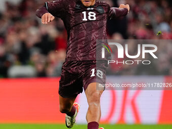 Alexander Bah of Denmark  controls the ball during the Nations League Round 5 match between Denmark against Spain at Parken, Copenhagen, Den...