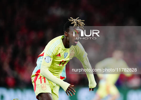 Nico Williams of Spain  looks on during the Nations League Round 5 match between Denmark against Spain at Parken, Copenhagen, Denmark on Nov...