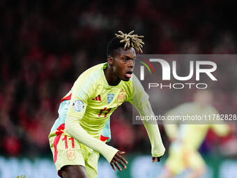 Nico Williams of Spain  looks on during the Nations League Round 5 match between Denmark against Spain at Parken, Copenhagen, Denmark on Nov...