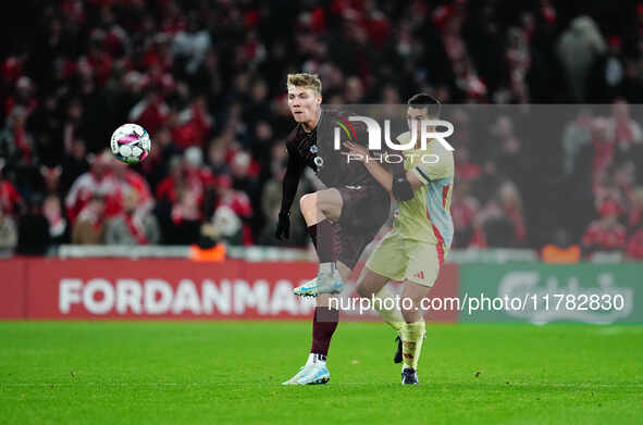 Rasmus Hoejlund of Denmark  controls the ball during the Nations League Round 5 match between Denmark against Spain at Parken, Copenhagen, D...