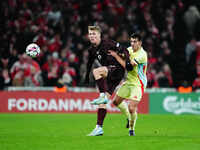 Rasmus Hoejlund of Denmark  controls the ball during the Nations League Round 5 match between Denmark against Spain at Parken, Copenhagen, D...