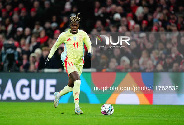 Nico Williams of Spain  controls the ball during the Nations League Round 5 match between Denmark against Spain at Parken, Copenhagen, Denma...