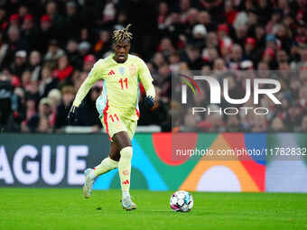 Nico Williams of Spain  controls the ball during the Nations League Round 5 match between Denmark against Spain at Parken, Copenhagen, Denma...