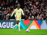 Nico Williams of Spain  controls the ball during the Nations League Round 5 match between Denmark against Spain at Parken, Copenhagen, Denma...