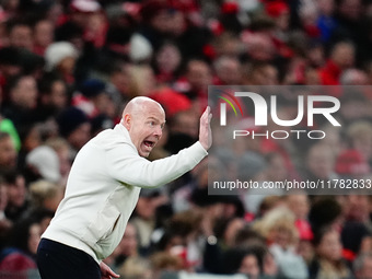 Brian Riemer of Denmark  gestures during the Nations League Round 5 match between Denmark against Spain at Parken, Copenhagen, Denmark on No...