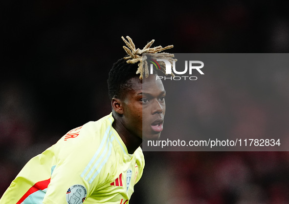 Nico Williams of Spain  looks on during the Nations League Round 5 match between Denmark against Spain at Parken, Copenhagen, Denmark on Nov...