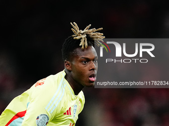 Nico Williams of Spain  looks on during the Nations League Round 5 match between Denmark against Spain at Parken, Copenhagen, Denmark on Nov...